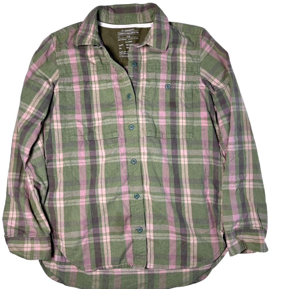 REI Co-op Small Flannel Shirt Green Pink Plaid Organic Cotton Button Down Top